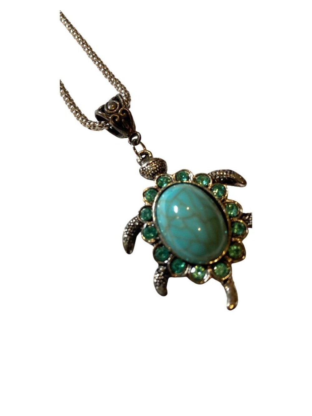 Turtle Pendnt Necklace & Earrings W/Resin Turquoise & Blue Stones Silvertone 18"